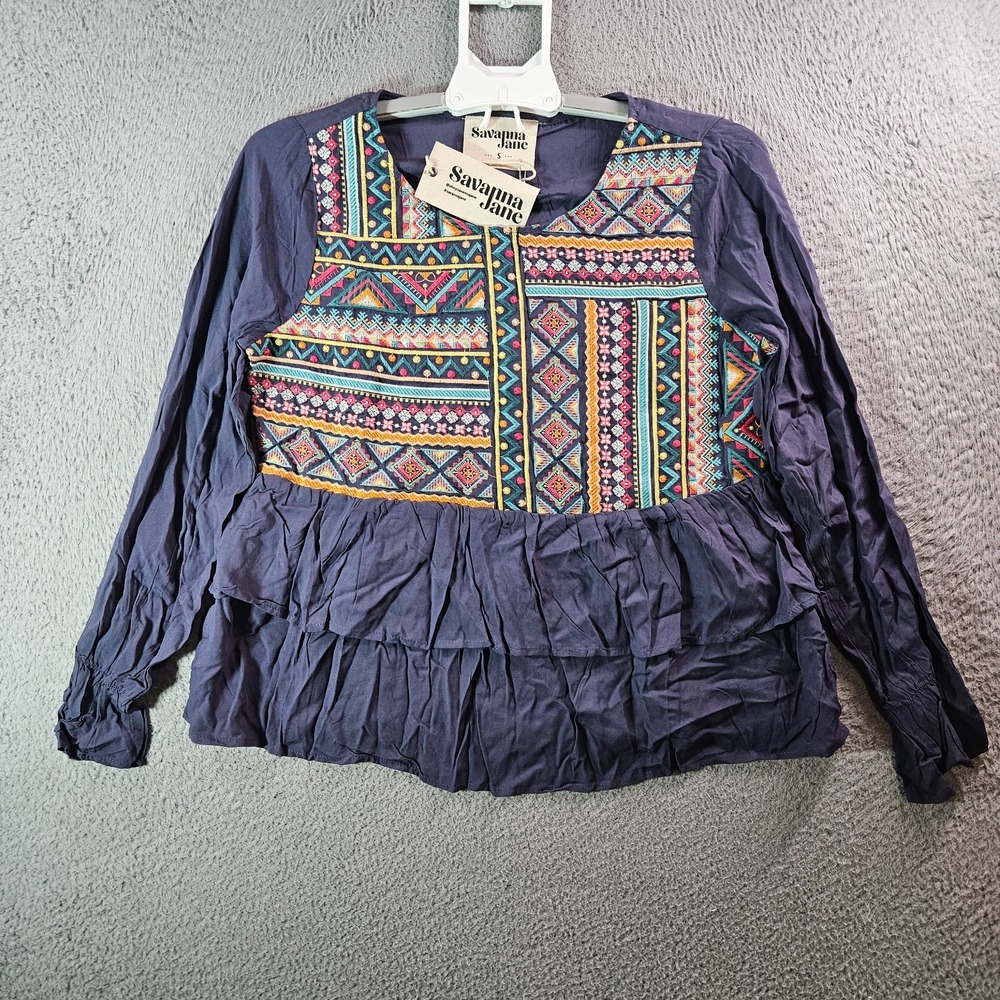 NEW Savanna Jane Embroidered Top Blouse Women Small Colorful Geometric Boho